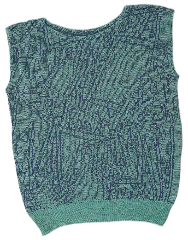 Vintage Damen Weste Tank Top UK 16 Groß Blau Geometrisch