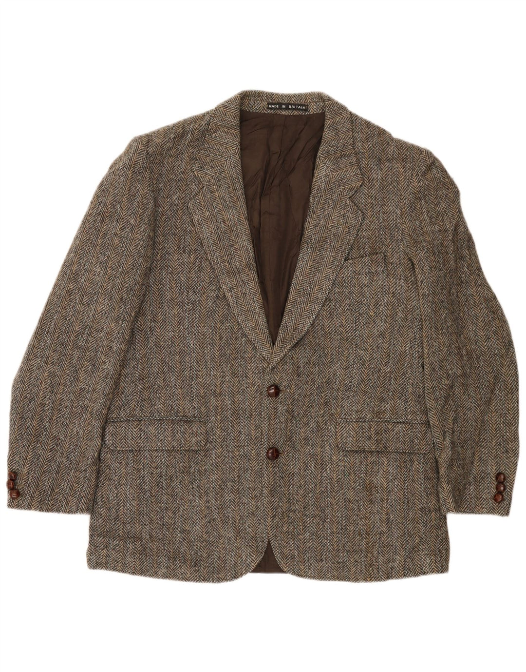 Harris Tweed Herren-Blazer mit 2 Knöpfen, UK 40, große braune Wolle mit Fischgrätenmuster