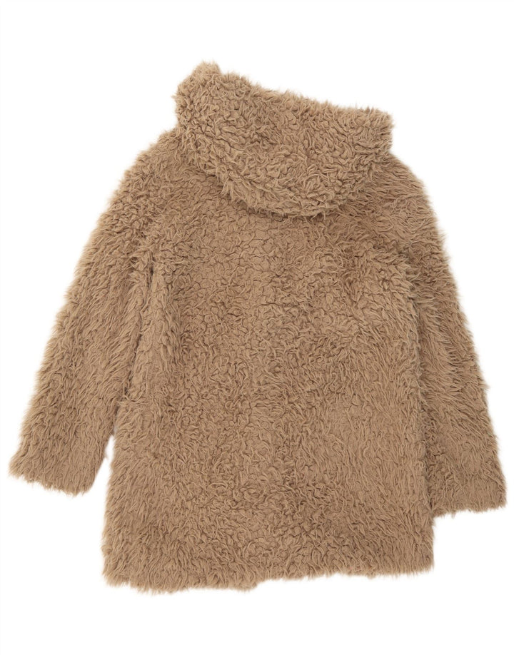 Zara Damen Kapuzen-Teddybär-Mantel UK 14 Mittelbraunes Polyester