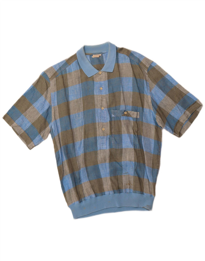 VINTAGE Herren Kurzarm-Pulloverhemd IT 48 Mittelblau kariertes Flachs