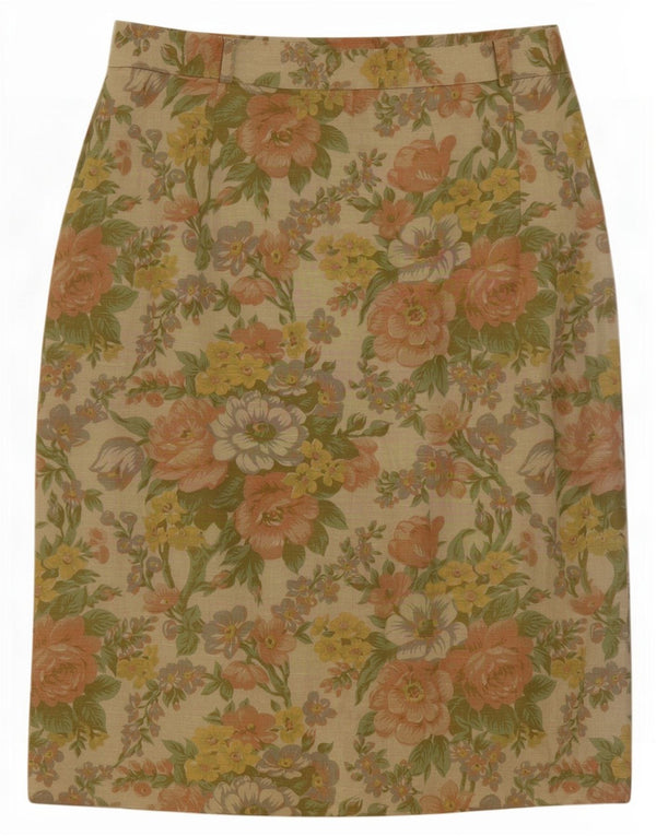 Vintage Damen Gerader Rock EU 42 Groß W30 Mehrfarbiges Blumenleinen