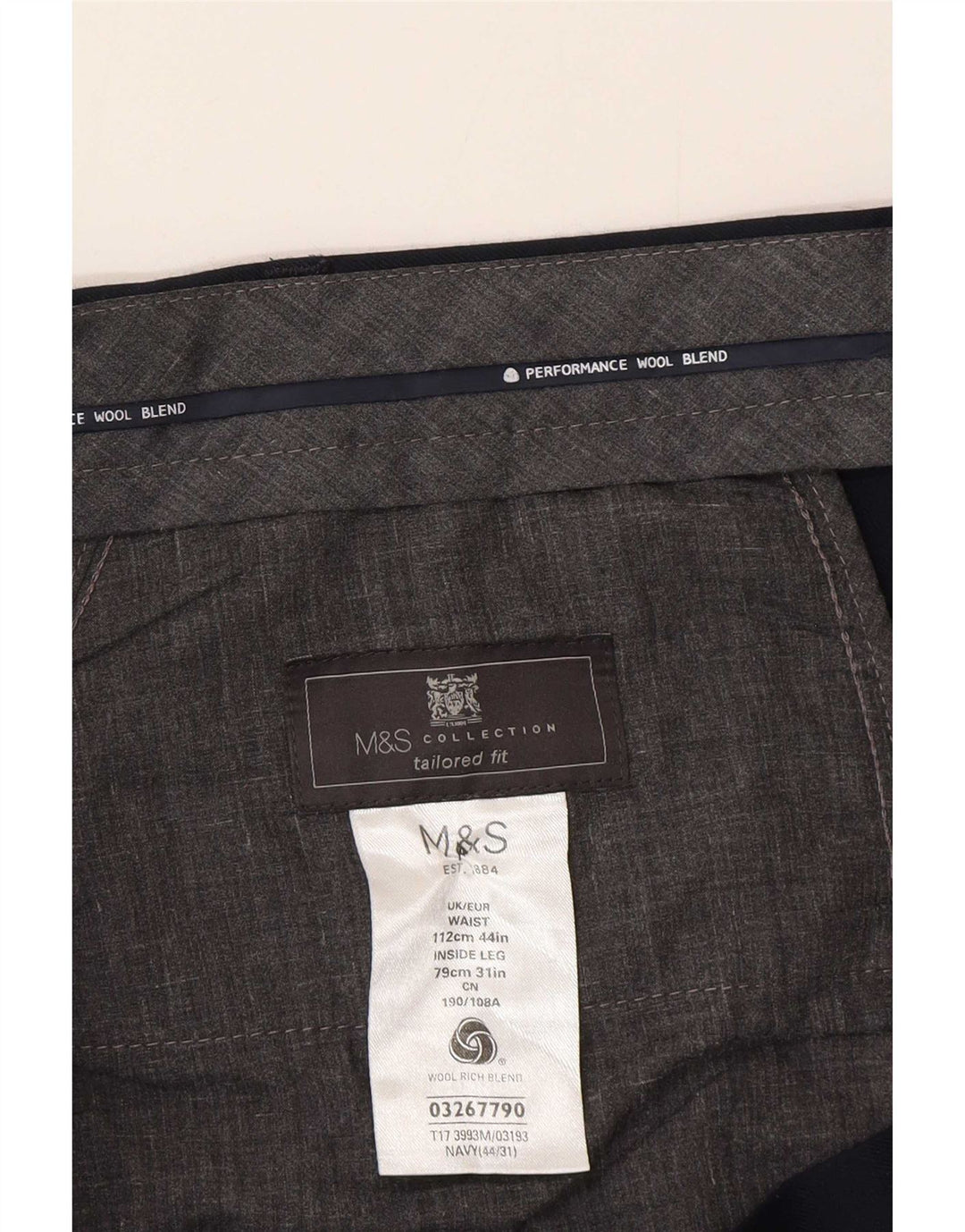 Marks & Spencer Herren-Anzughose mit maßgeschneiderter Passform, W44, L31, marineblaue Wolle