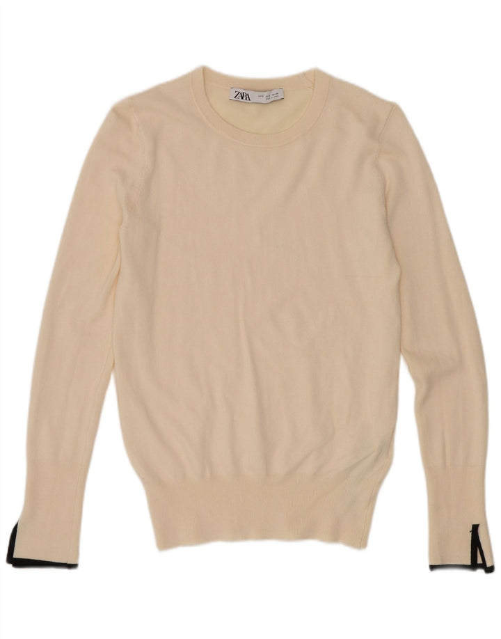Zara Damen-Pullover mit Rundhalsausschnitt, Gr. 8, Größe S, cremefarbene Viskose