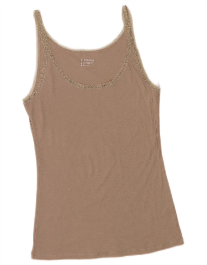 BENETTON Damen Cami Top UK 14 Large Beige Floral Cotton