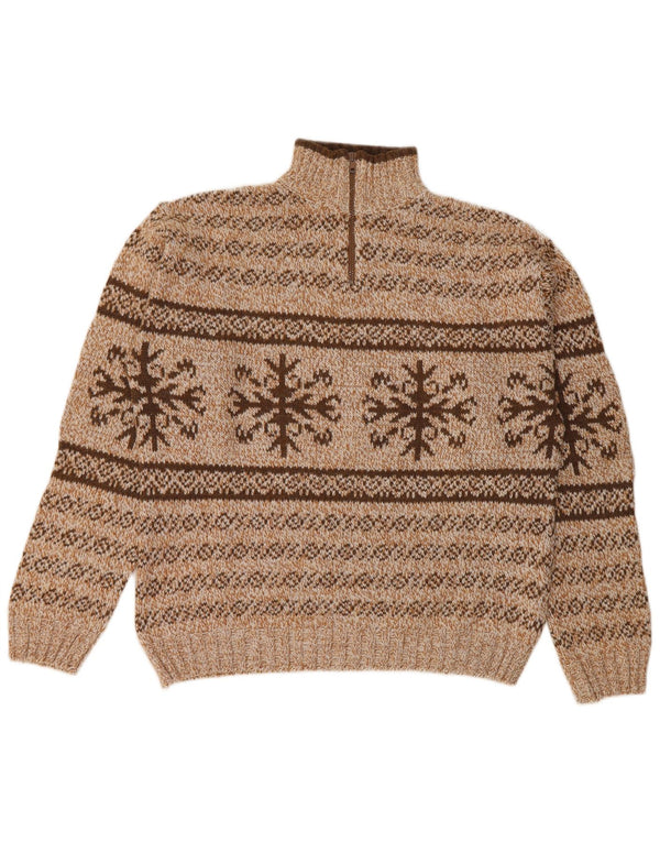 Vintage Herren-Pullover mit Reißverschluss, mittelbraun, Fair-Isle-Acryl