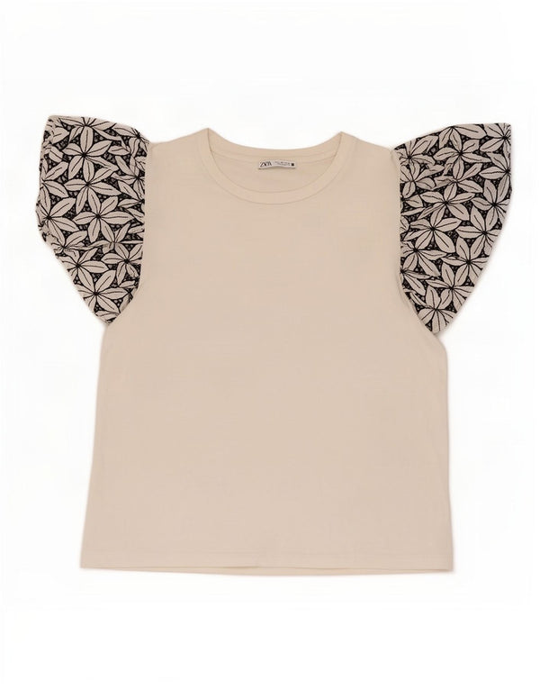 Zara Womens Blouse Top UK 14 Large White Floral Cotton