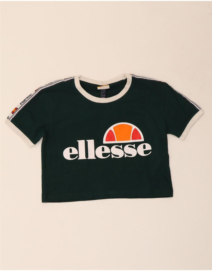 ELLESSE Damen Crop Graphic T-Shirt Top UK 4 XS Grüne Baumwolle