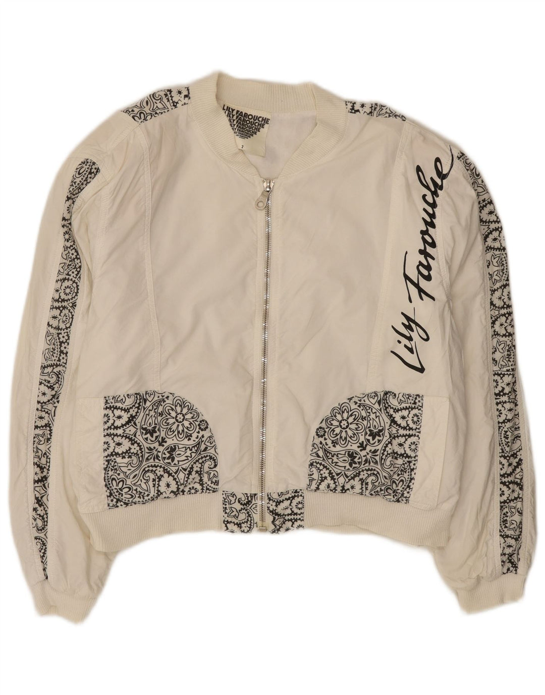 Lily Farouche Damen-Bomberjacke mit Grafik, übergroß, US 2 XS, Weiß, Paisleymuster