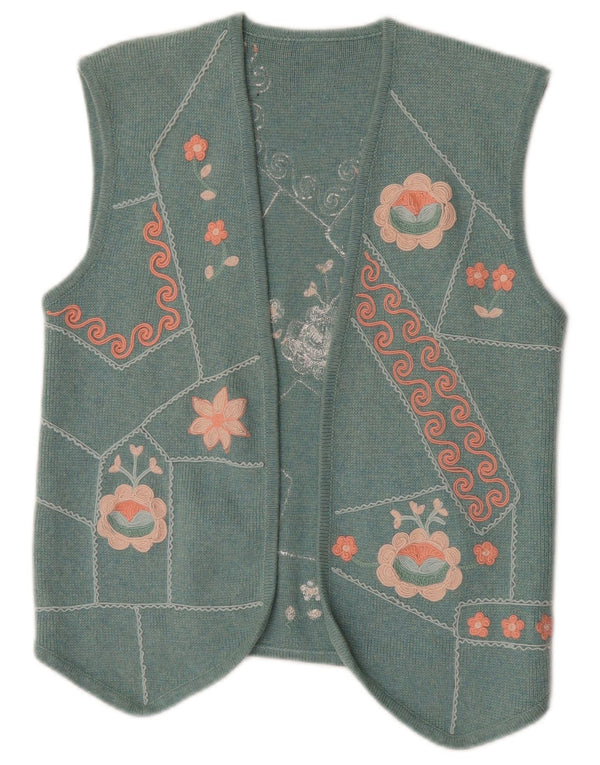 Vintage Damen Strick-OPEN-Weste UK 12 Medium Türkis Floral Kaschmir