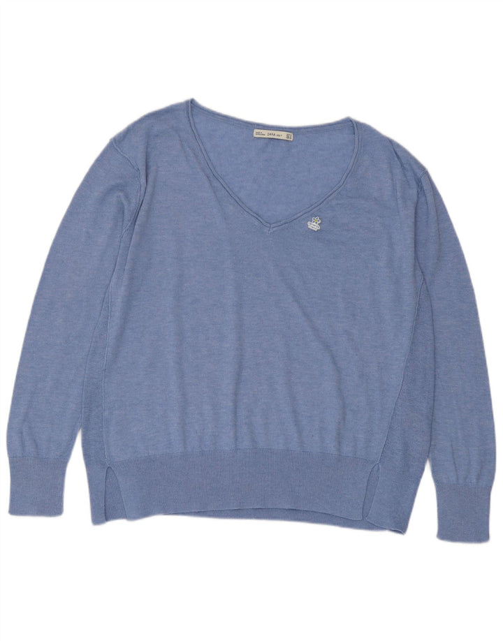 Zara Damen-Pullover mit V-Ausschnitt, UK 14, Mittelblau, Polyester