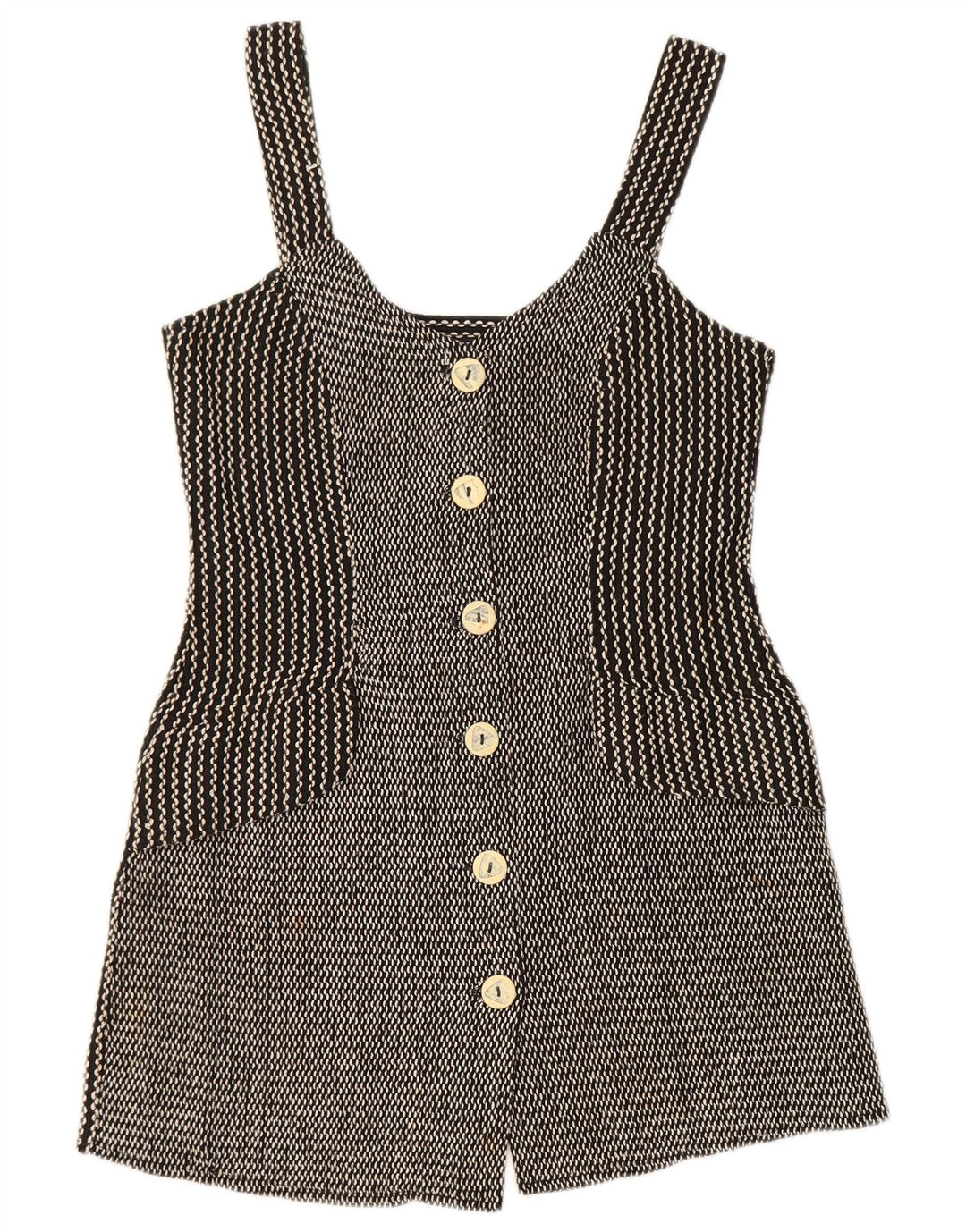 Vintage Damen Pinafore Kleid UK 12 Medium Schwarz Chevron Baumwolle