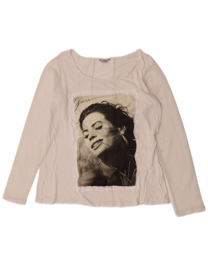 Guess Damen Graphic Top Langarm UK 14 Medium Weiß