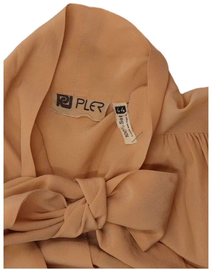 Vintage Damen-Hemdbluse mit Krawatte vorne, IT 44, mittelbeige Seide