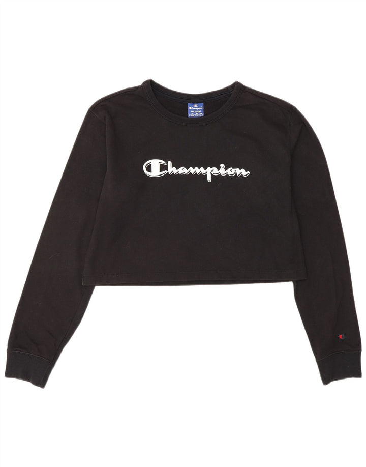 CHAMPION Damen Crop Graphic Top Langarm UK 12 Mittelschwarze Baumwolle