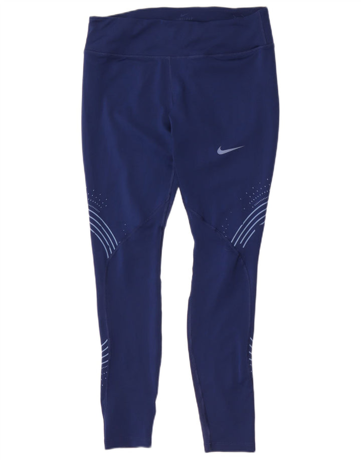 Nike Womens Dri Fit Leggings UK 14 Large Marineblaues geometrisches Polyester