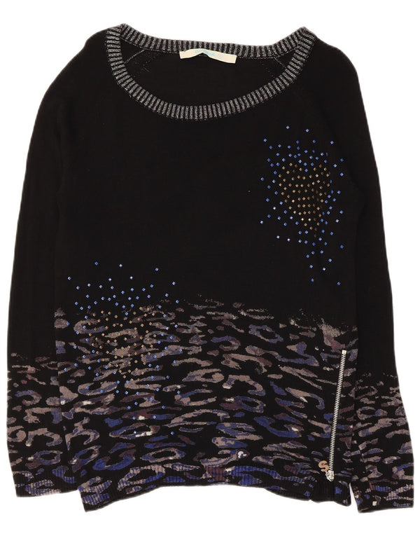 Desigual Damen-Pullover mit U-Boot-Ausschnitt, Gr. 10, klein, Schwarz, Tiermuster
