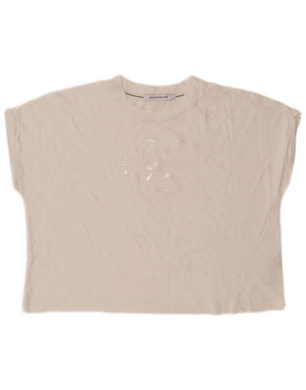 Calvin Klein Jeans Damen Crop Graphic T-Shirt Top UK 16 Large Weiße Baumwolle