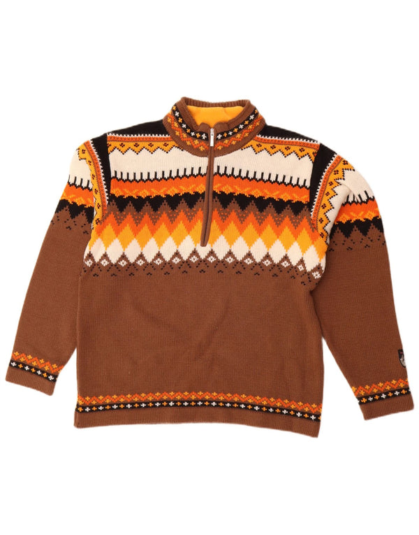 Campagnolo Herren-Pullover mit Reißverschluss am Hals, mittelbraune geometrische Wolle