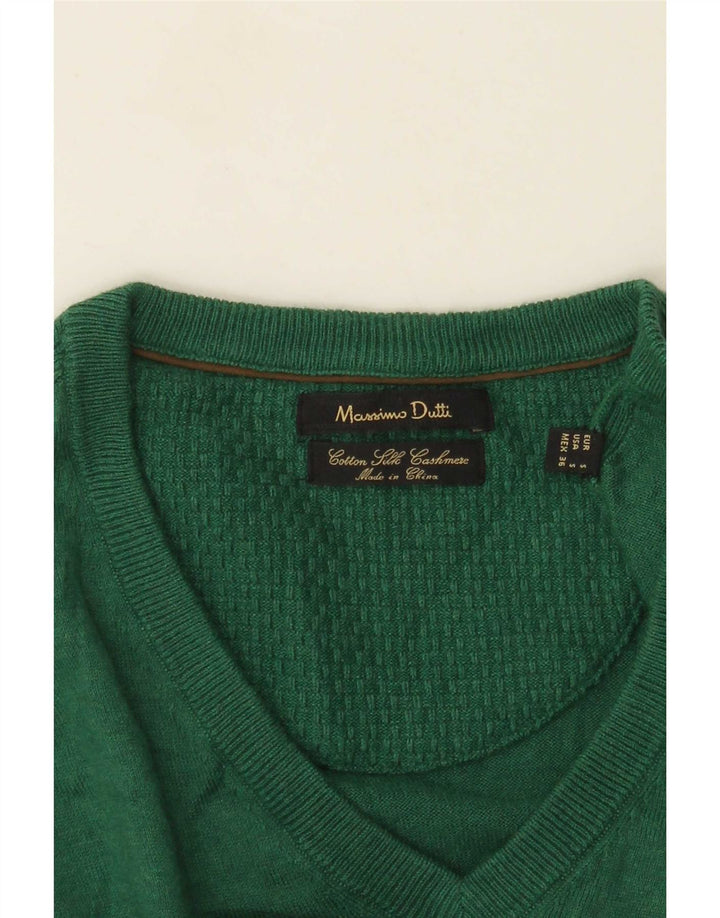 Massimo Dutti Herren-Pullover mit V-Ausschnitt, Größe S, grüne Baumwolle