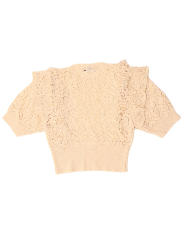 ZARA Damen Crop Crew Neck Pullover Pullover UK 12 Mittelbeige Baumwolle