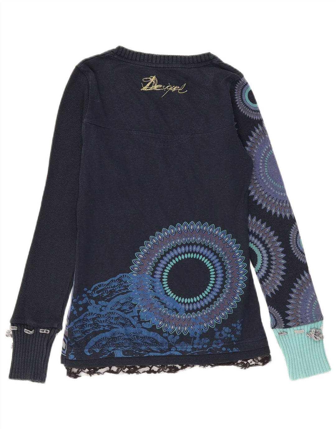 DESIGUAL Damen-Pullover mit grafischem V-Ausschnitt, Gr. 8, Marineblau mit Blumenmuster