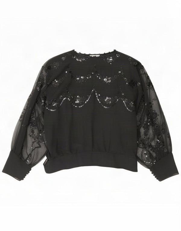 Vintage Damen Durchsichtiges Langarmblusenoberteil UK 14 Medium Black Floral