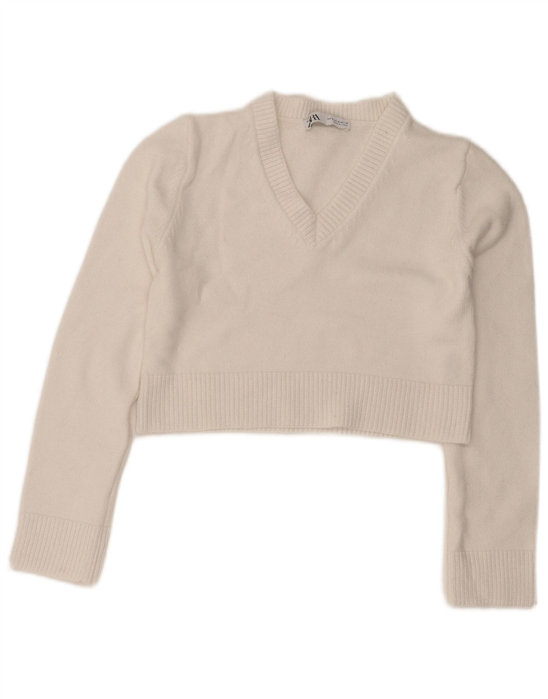 Zara Damen Crop V-Ausschnitt Pullover Pullover UK 12 Mittelweiße Viskose