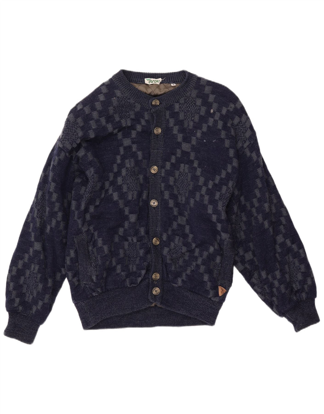 VINTAGE Herren Cardigan Pullover Große marineblaue geometrische Viskose