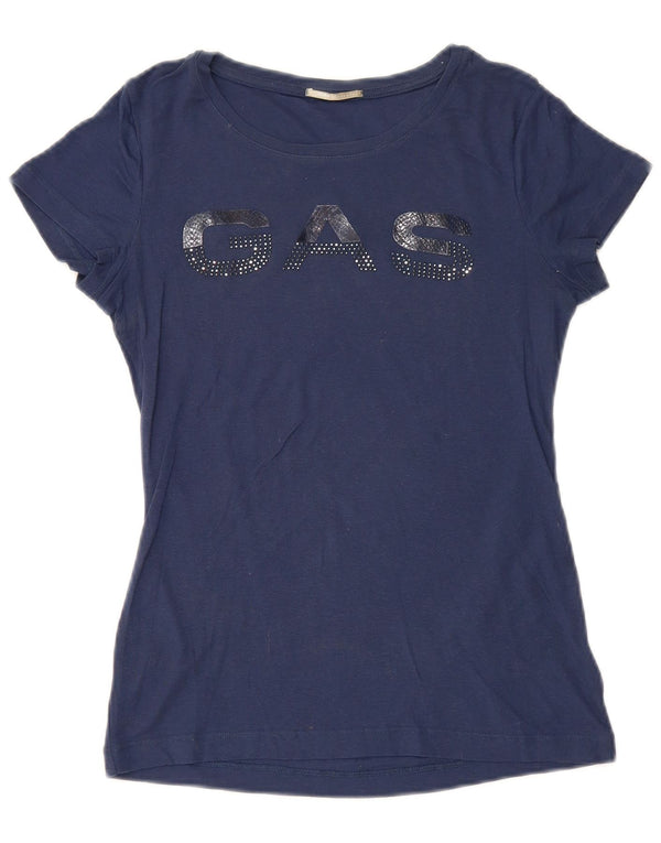 Gas Damen Grafik-T-Shirt-Oberteil UK 12 Medium Marineblau Baumwolle