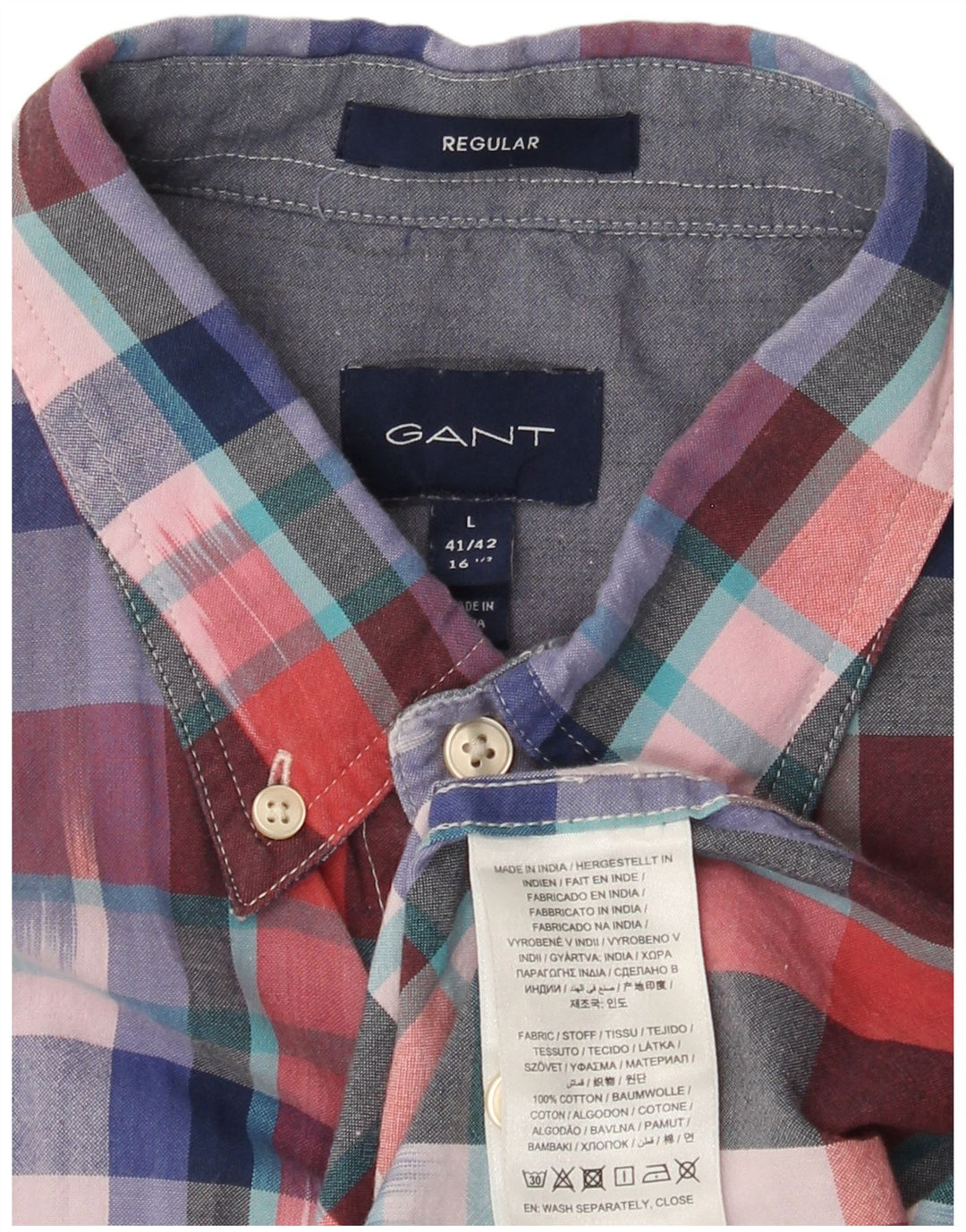 Gant Herren-Kurzarmhemd, Größe 16 1/2 41/42, großes mehrfarbiges Karomuster