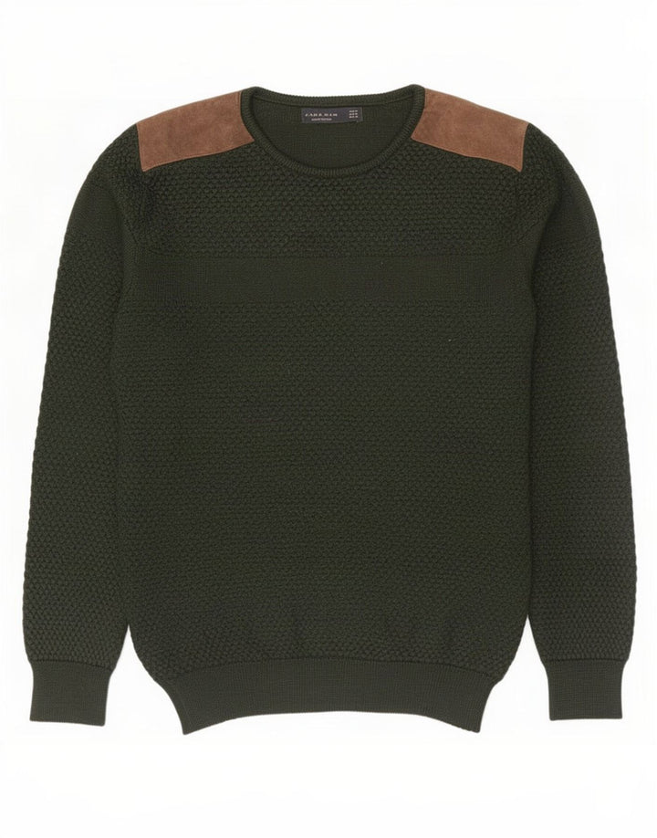 Zara Herren-Pullover mit Rundhalsausschnitt, Mittelgrün, Farbblock