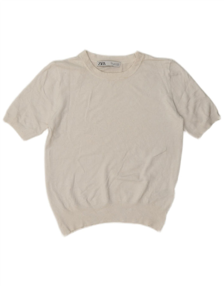 Zara Damen Kurzarm-Crop-Top UK 10 Small Weiße Viskose