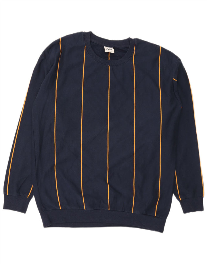 Zara Herren-Sweatshirt, Pullover, groß, marineblau, gestreift, Baumwolle