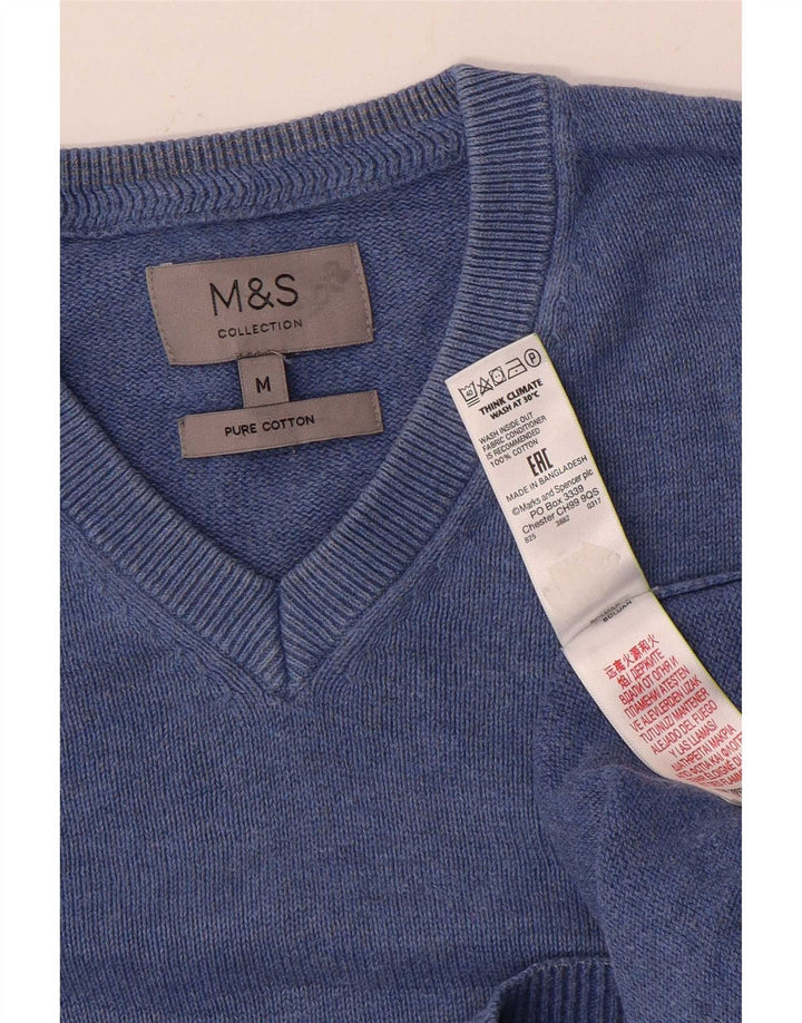 Marks & Spencer Herren-Pullover mit V-Ausschnitt aus mittelblauer Baumwolle