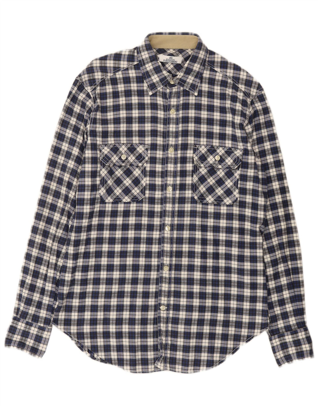 Egon Furstenberg Herren Flanellhemd Größe 40 15 3/4 Mittelblau kariert