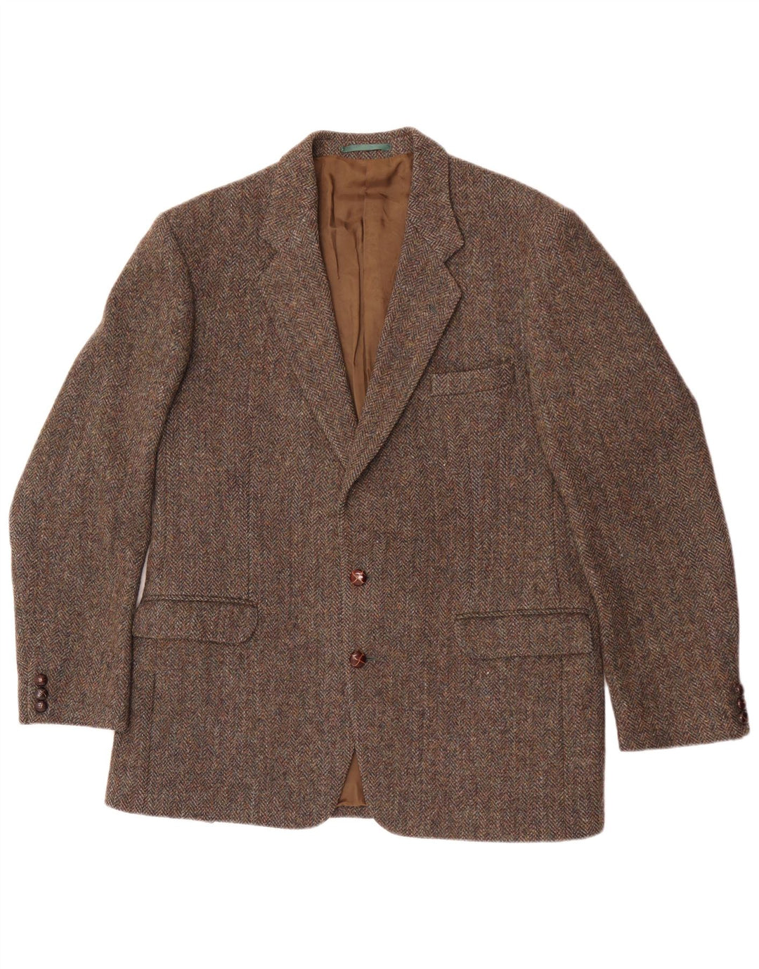 Harris Tweed Herren-Blazer mit 2 Knöpfen, UK 40, große braune Wolle mit Fischgrätenmuster