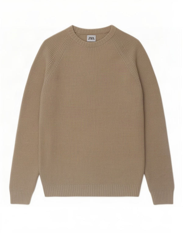 Zara Mens Boat Neck Jumper Sweater Small Beige Cotton