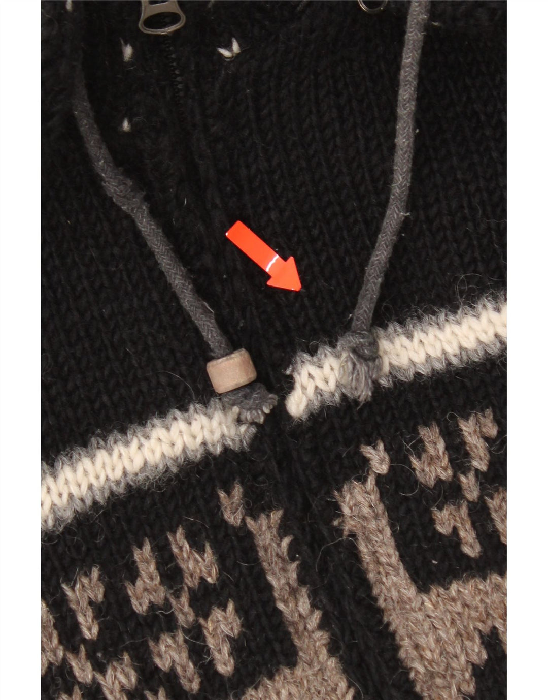 Vintage Herren Strickjacke mit Kapuze, groß, schwarze Fair-Isle-Wolle