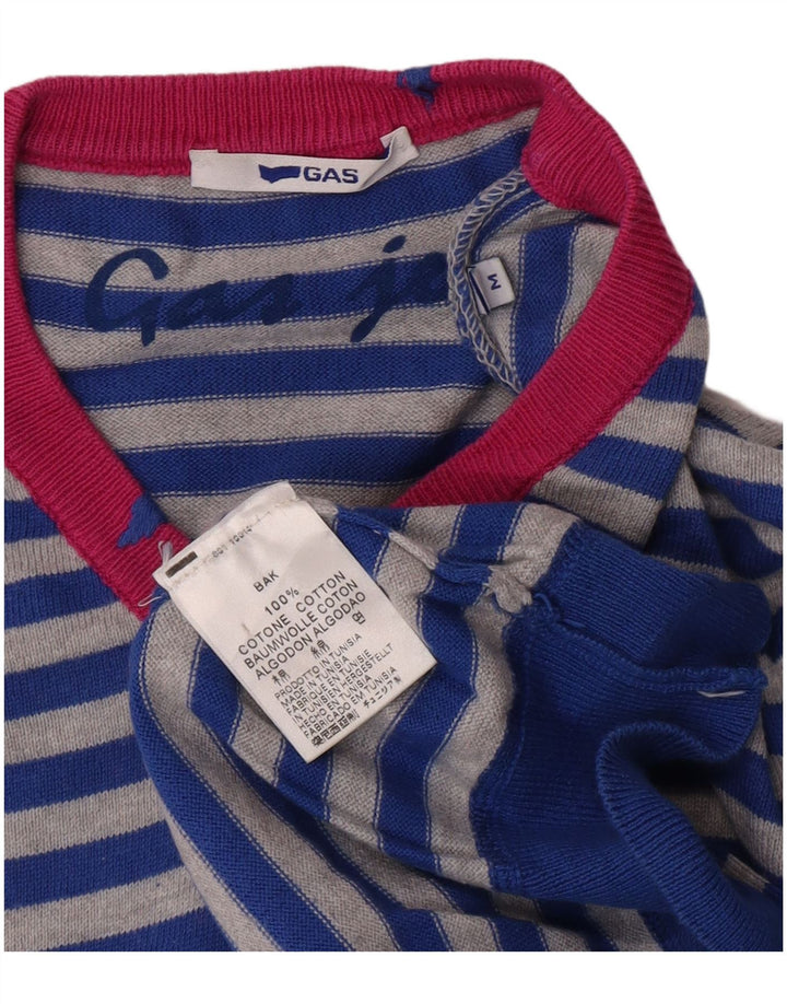 Gas Herren-Pullover mit V-Ausschnitt, mittelblau, gestreift, Baumwolle