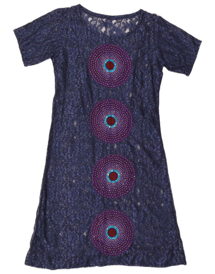 Vintage Damen Spitze Basic Kleid UK 16 Großes Marineblau Geometrisch