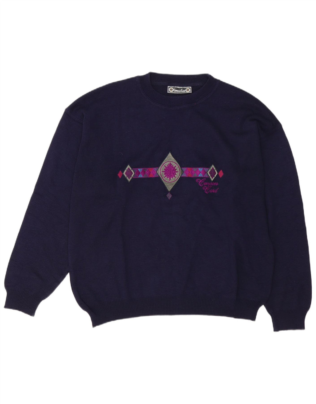COMPASS CARD Herren-Pullover mit grafischem Rundhalsausschnitt, groß, marineblaue Wolle