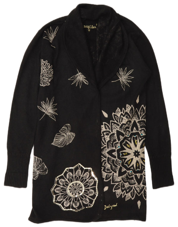 Desigual Damen übergroßer Longline-Cardigan-Pullover UK 6 XS Schwarz geblümt