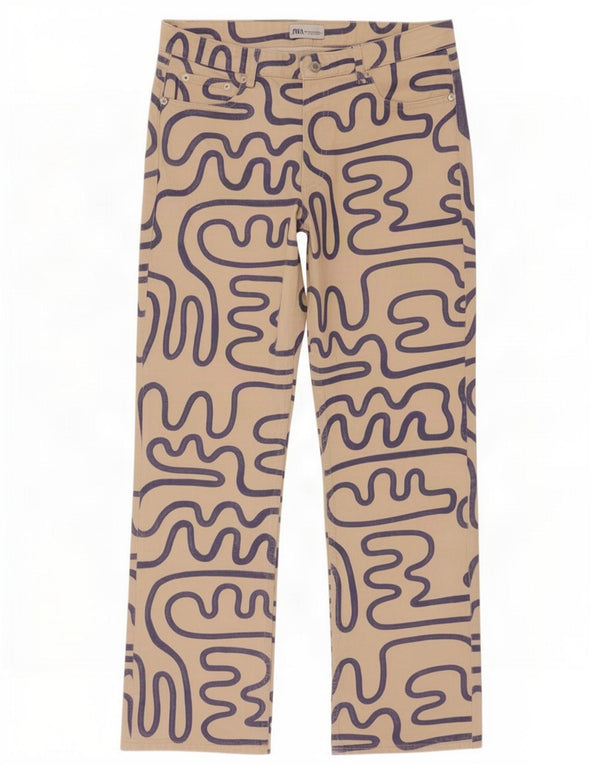 Zara Damen-Jeans mit abstraktem Muster, gerade, EU 44, XL, W34, L31, beige Baumwolle