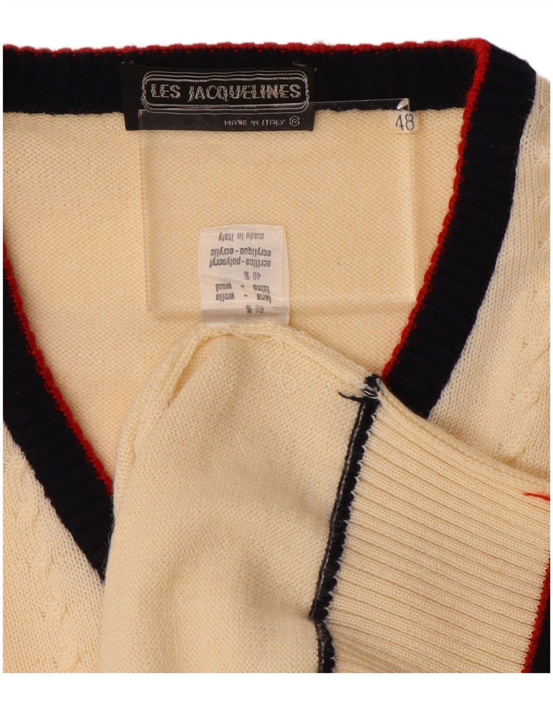 LES JACQUELINES Mens V-Neck Jumper Sweater IT 48 Medium Off White Wool