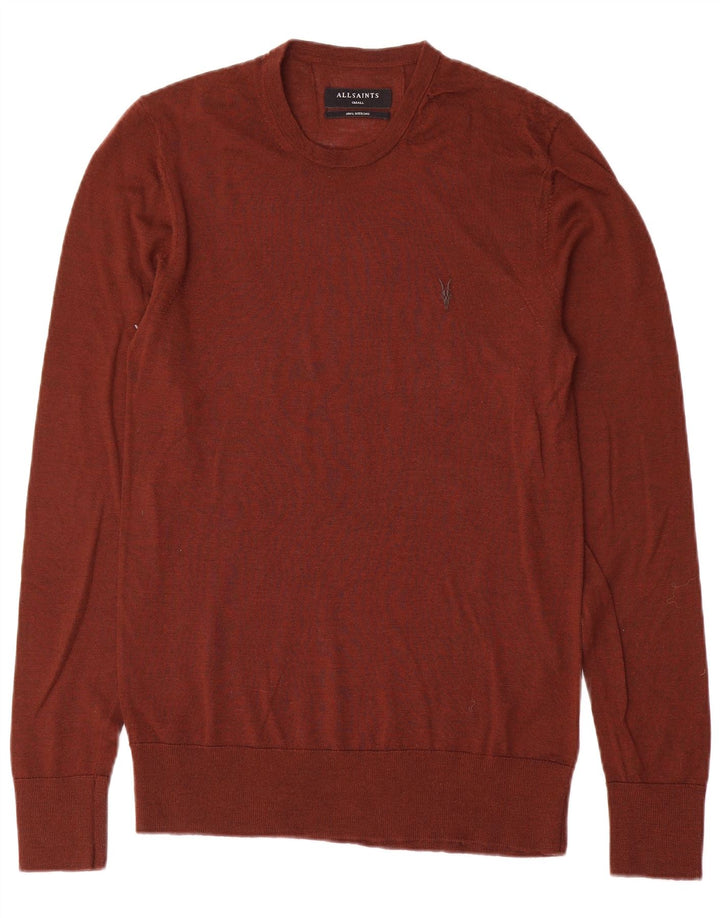 All Saints Herren-Pullover mit Rundhalsausschnitt, kleine braune Merinowolle