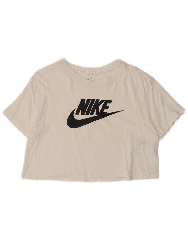 Nike Damen Crop Graphic T-Shirt Top UK 10 Small Weiße Baumwolle
