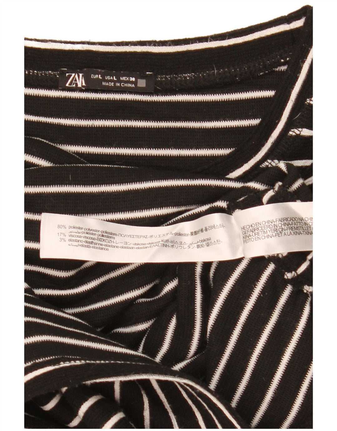 Zara Damen Crop Top Langarm UK 16 Large Schwarz gestreift Polyester