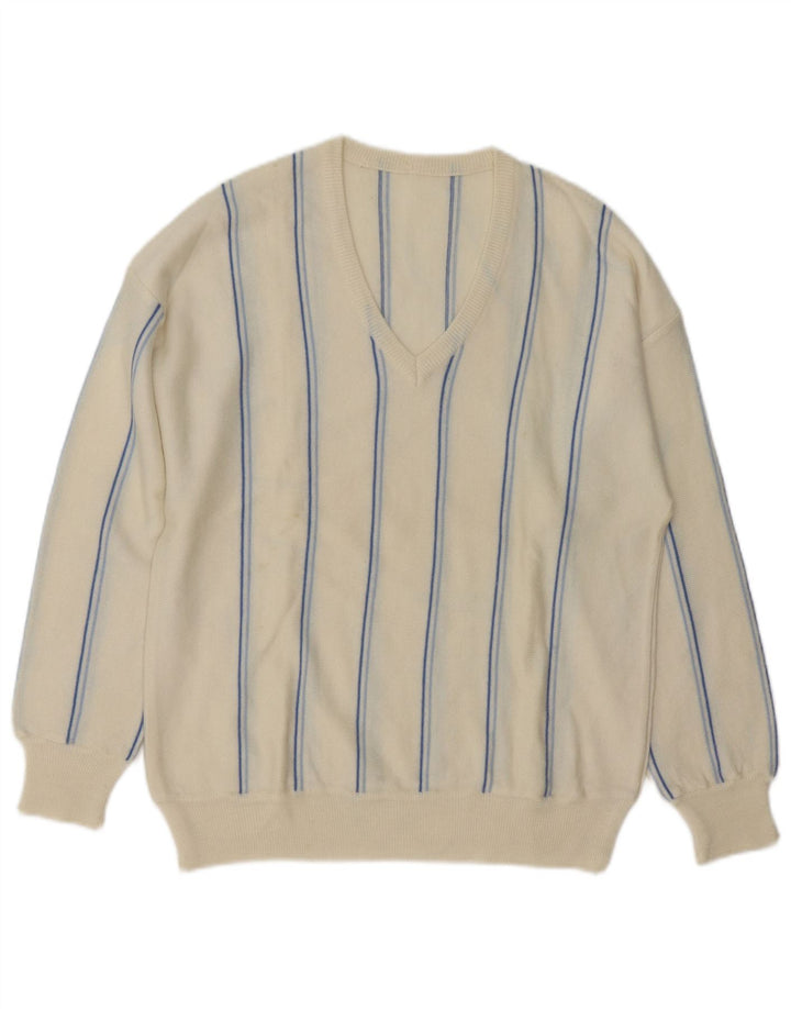 VINTAGE Herren-Pullover mit V-Ausschnitt, mittelgroß, cremefarben gestreift