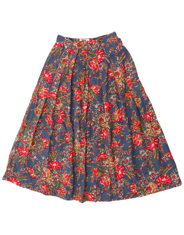 Vintage Damen High Waist Plissee A-Linie Rock UK 10 Small W24 Blau geblümt