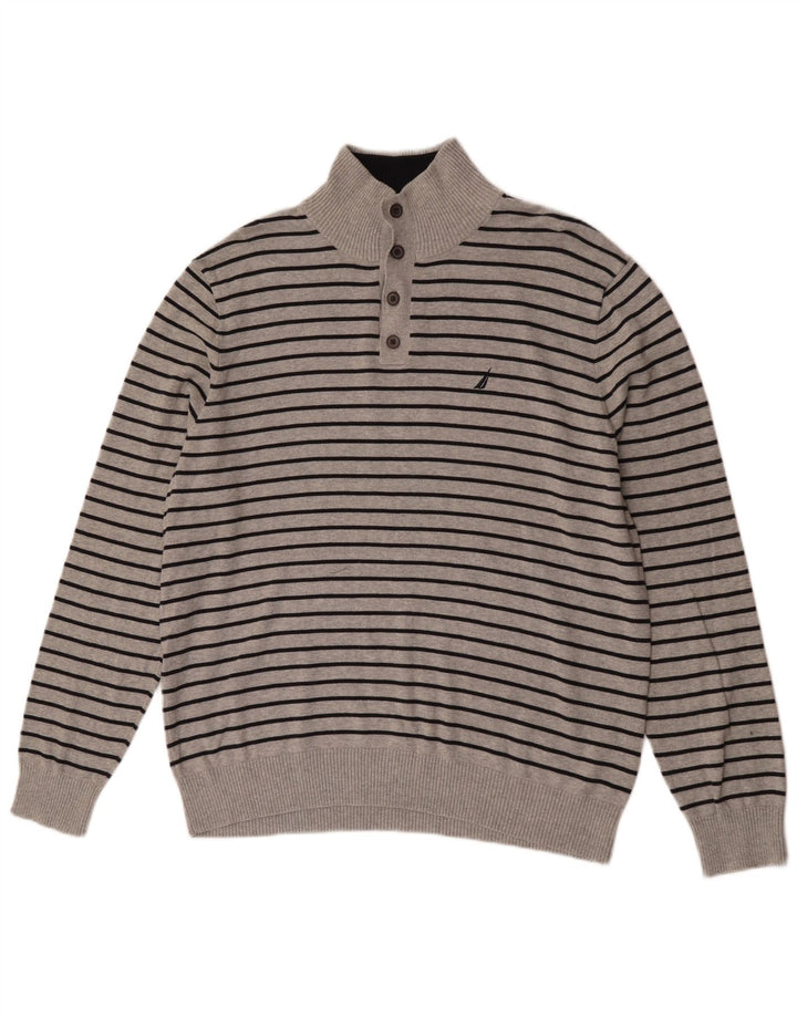 Nautica Herren-Pullover mit Knopfkragen, groß, grau gestreift, Baumwolle